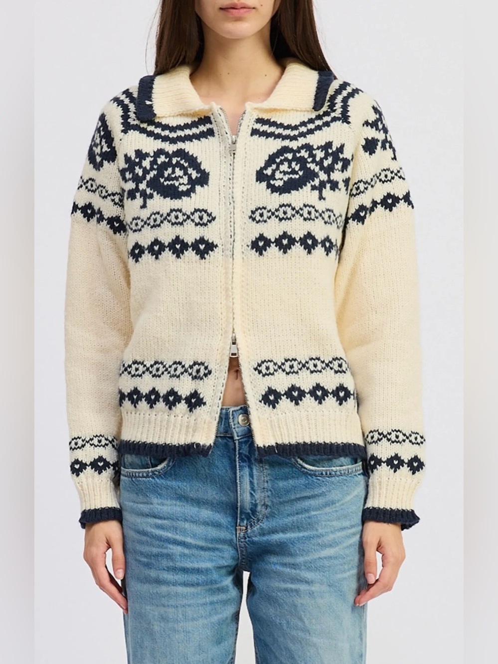 Jacquie the Label Remi Fair Isle Zip Cardigan Nordic Sweater Cream and Navy M